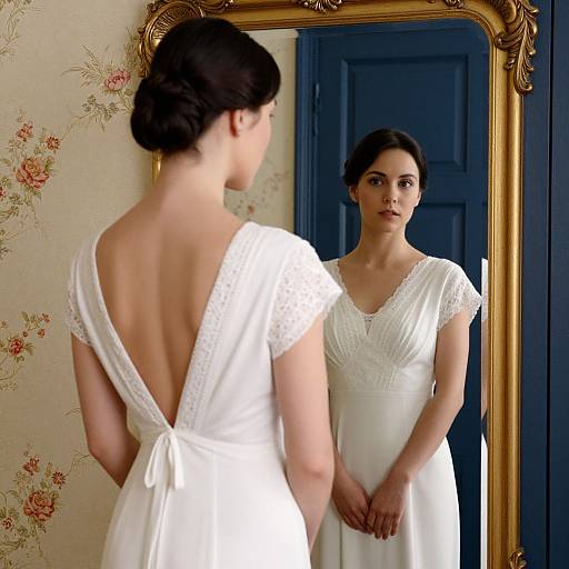 Photograph of a pregnant woman with dark hair in a white, backless wedding dress, standing in front of a gold-framed mirror, reflecting her