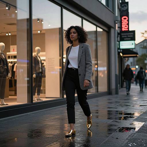 Woman Walking Through Modern City Sunset