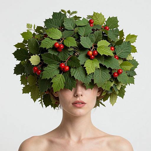 Photograph of a pale-skinned, shirtless person with a large, lush green leafy and red cherry topped head covering their eyes, against a