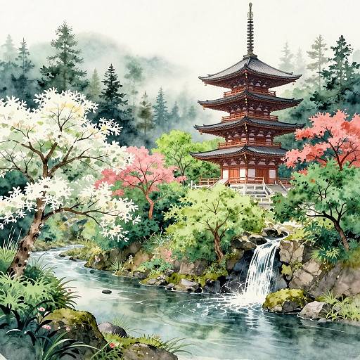 Serene Japanese Pagoda Watercolor Scene