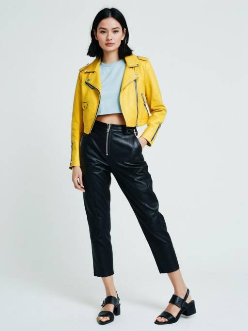 Woman in Yellow Leather Biker Jacket and Black Trousers