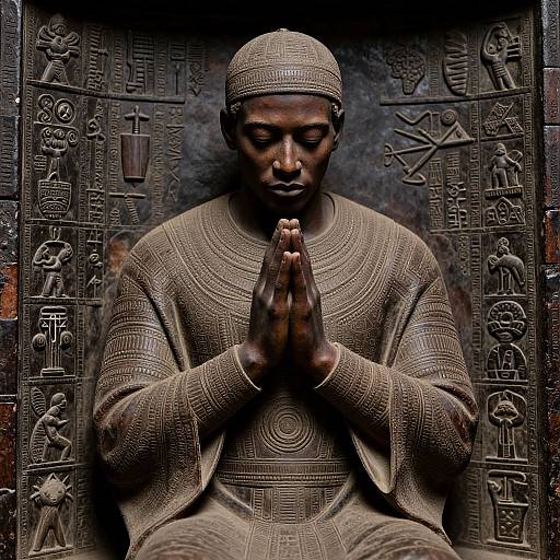 Photograph of a bronze statue of a praying African man in traditional, intricately patterned attire, set against an engraved, symbolic background.