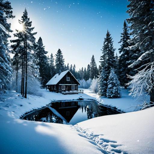 Snowy Winter Cabin by Frozen Pond