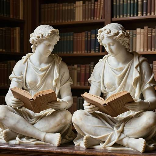 Photograph of two white marble statues of classical women, seated cross-legged, reading open books, against a backdrop of tall bookshelves.