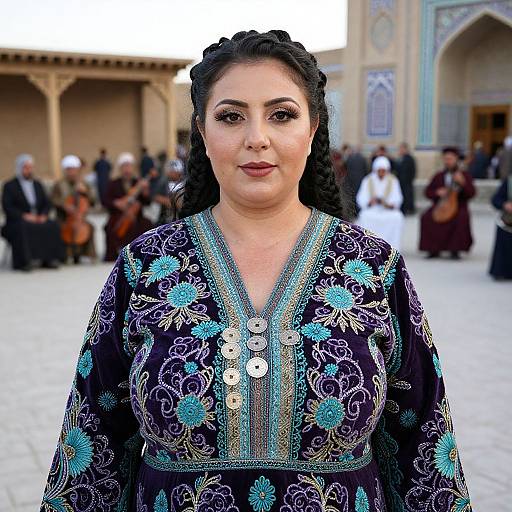 Photograph of a Middle Eastern woman with dark curly hair, wearing an ornate black and teal embroidered traditional dress, standing in a sunlit courtyard with