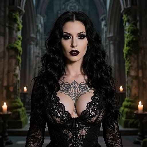 Photograph-style digital artwork of a gothic woman with long black hair, dark lipstick, lace bodice, prominent chest tattoo, standing in a dim