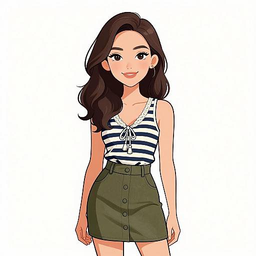 Digital anime-style illustration of a smiling young woman with long brown hair, wearing a striped white and blue sleeveless top and high-waisted olive green