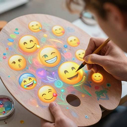 Photograph of a person painting colorful, smiling emoji faces on a wooden palette with a brush, surrounded by paint colors.