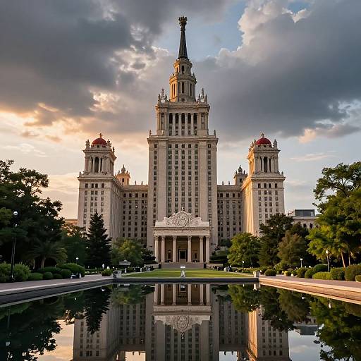 Photograph of the Palace of Culture and Science in Warsaw, Poland, reflecting in a symmetrical pool, with dramatic clouds and sunset lighting.