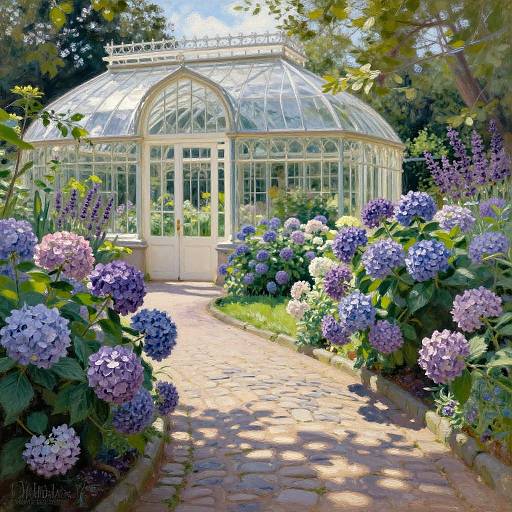 Photograph of a sunlit glass greenhouse surrounded by vibrant purple and blue hydrangeas, on a brick pathway, with lush greenery and trees in