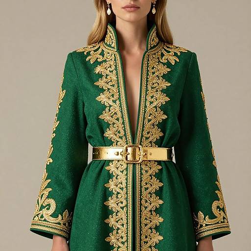 Elegant Woman in Ornate Green Coat
