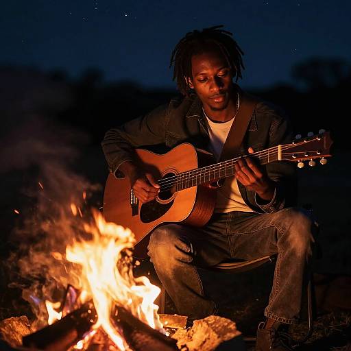 Photograph of a Black man with dreadlocks playing an acoustic guitar by a vibrant campfire at night, wearing a denim jacket and jeans.