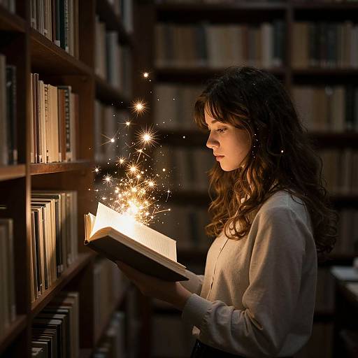 Photograph of a young woman with curly brown hair, wearing a white sweater, holding a glowing, spark-filled book in a dimly lit library.