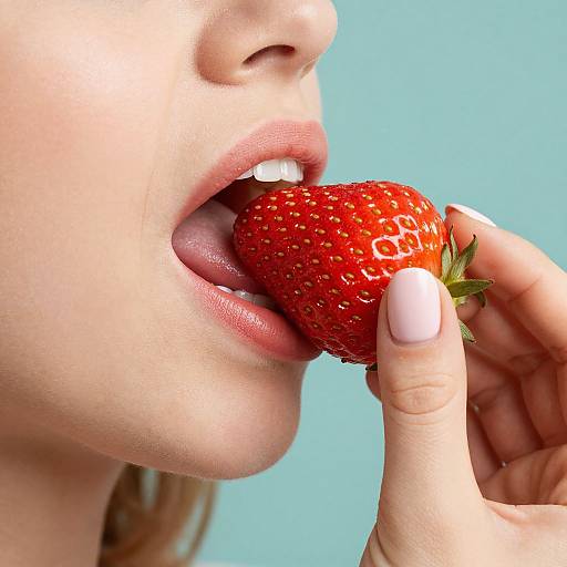 Woman Biting Strawberry Close-Up