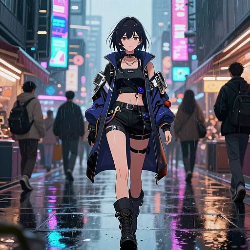 Anime-style digital artwork of a black-haired woman in a blue coat, black crop top, shorts, and boots, walking confidently in a neon-lit