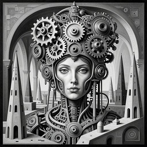 Digital black-and-white illustration of a mechanical woman with gears and cogs in her hair, set against a gothic cathedral background. Intricate, ste