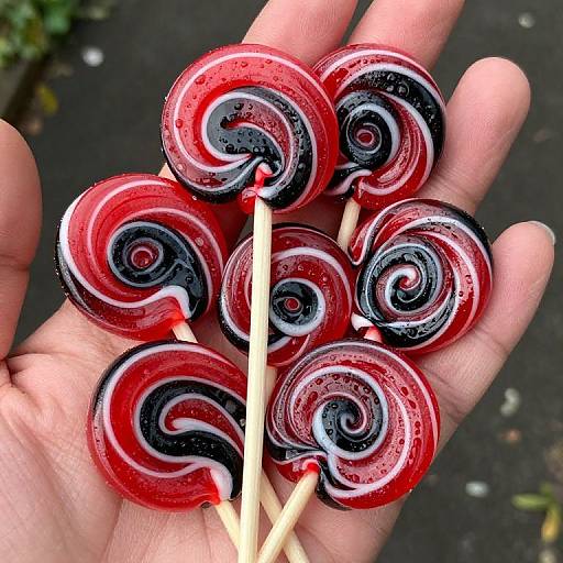 Photograph of a hand holding six red and black swirled lollipops with wooden sticks, against a blurred dark background.