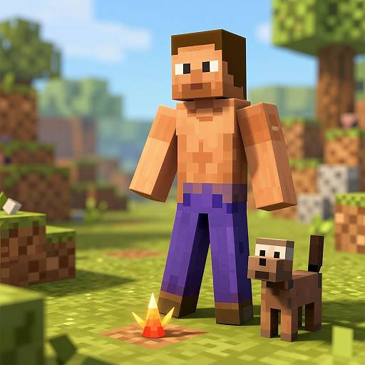 Pixel art of a shirtless, blocky male character in blue pants standing beside a brown dog by a small fire in a vibrant, Minecraft-style forest