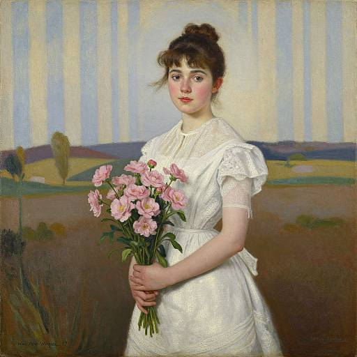 Painting of a young Caucasian woman with brown hair in a bun, wearing a white lace dress, holding pink carnations, standing in a pastoral landscape