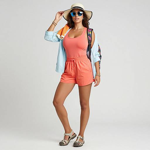 Photograph of a stylish woman in orange romper, blue sunglasses, wide-brimmed hat, light blue shirt, and sandals, holding a colorful