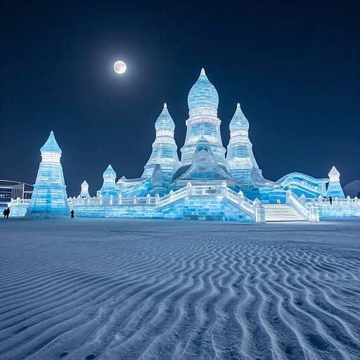 Photograph of a stunning, illuminated blue ice castle with multiple towers under a full moon, set on a rippled snow ground.