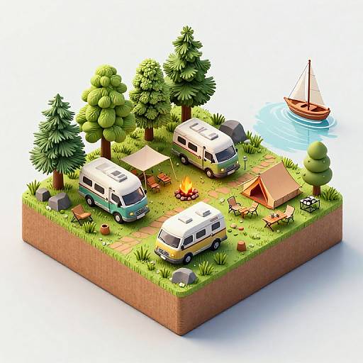 Isometric digital illustration of a vibrant camping scene with three vintage vans, two tents, a campfire, trees, a sailboat, and picnic gear