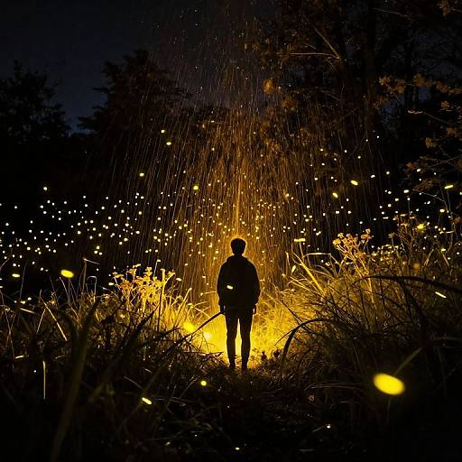 Silhouetted person stands in glowing, firefly-lit forest, surrounded by bright yellow sparks against dark night sky, surrounded by tall grass.