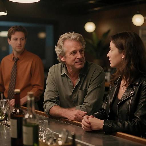 Three People Conversing in a Dimly Lit Bar