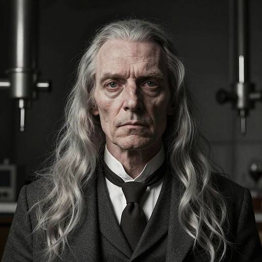 Photograph of an elderly man with long, wavy white hair, wearing a black suit, white shirt, and black tie, with a serious expression