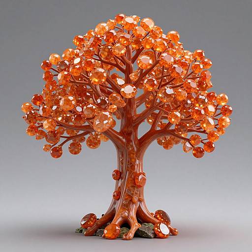 Photorealistic sculpture of a tree with glowing, translucent orange glass leaves and a textured, brown wooden trunk against a gradient gray background.