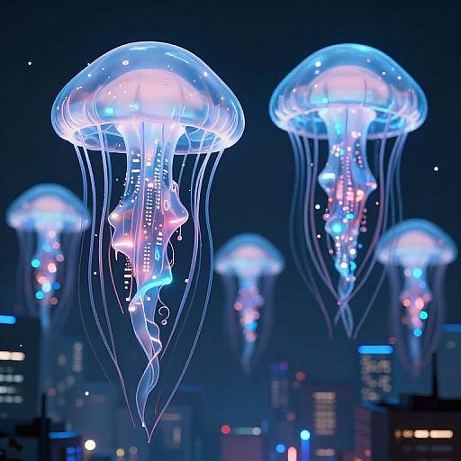Photograph of glowing, bioluminescent jellyfish with blue, pink, and white lights floating above a dark cityscape with blurred skyscrapers
