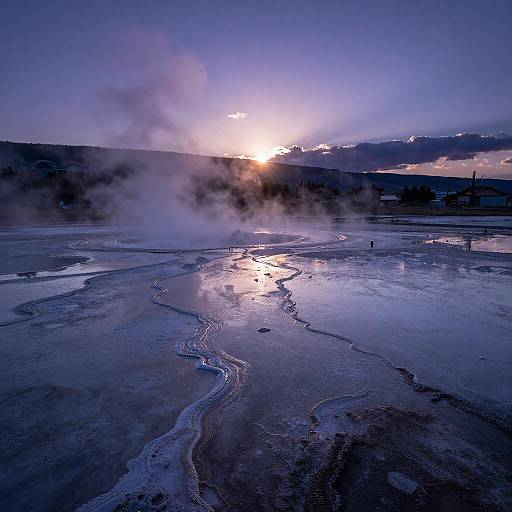 Photograph of a geothermal pool at sunset, with steam rising, reflections on the water, and a blue-purple sky. Snow-capped mountains in