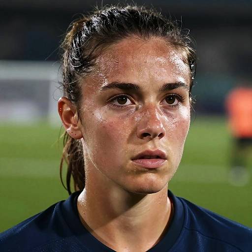 Photograph of a sweaty, focused female soccer player with dark brown hair in a ponytail, wearing a black shirt, illuminated by stadium lights against a