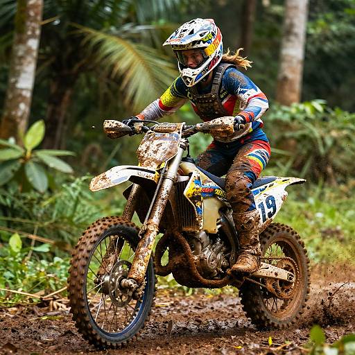 Photograph of a muddy, forest dirt bike rider in colorful gear and helmet, riding a dirt bike on a rough, muddy trail.