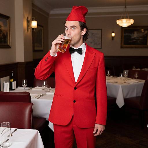 Photograph of a man in a bright red waiter suit with a matching hat, drinking from a glass, standing in a dimly lit, elegant restaurant