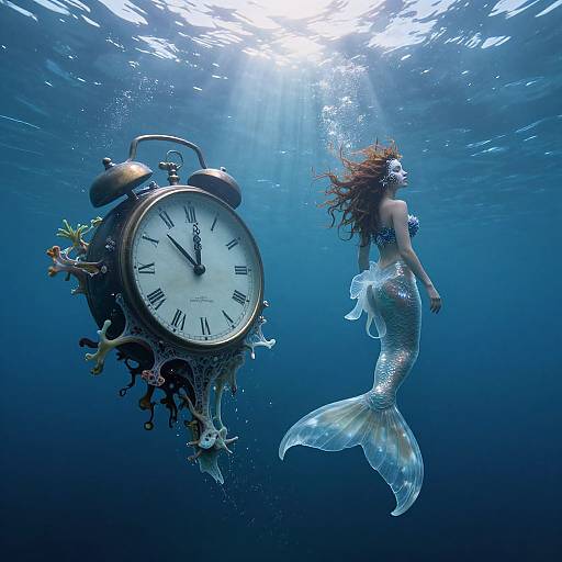 Photograph of a mermaid with red hair and shimmering tail, swimming underwater beside an old-fashioned alarm clock with seaweed. Sunlight beams down