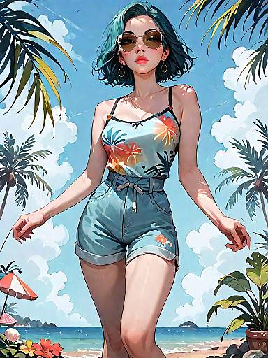 Stylish Woman in Summer Outfit on Tropical Beach