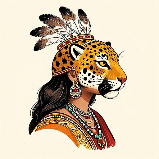 Digital illustration of an anthropomorphic leopard with Native American-inspired jewelry and feathered headband, featuring vibrant orange and black fur, adorned with turquoise and red