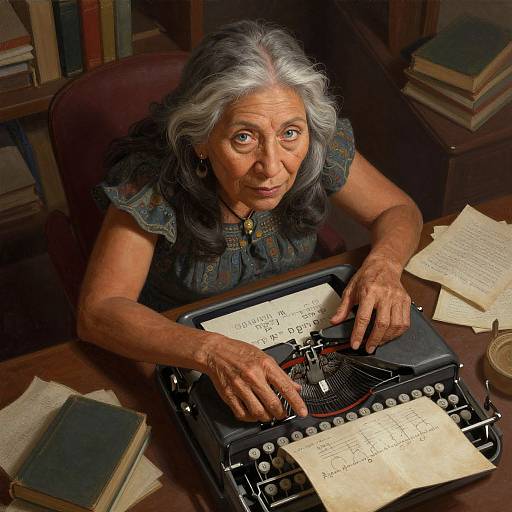Photograph of an elderly woman with gray hair, wearing a dark blouse, typing on an old-fashioned typewriter in a cluttered study.