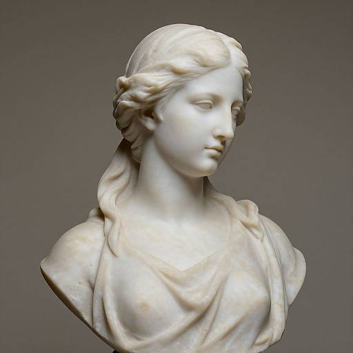 Photograph of a white marble bust of a classical-style woman with wavy hair, draped in a soft fabric, against a gray background.