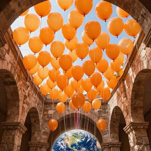 Photograph of countless bright orange balloons hanging from an arched stone ceiling, with Earth visible at the bottom center.