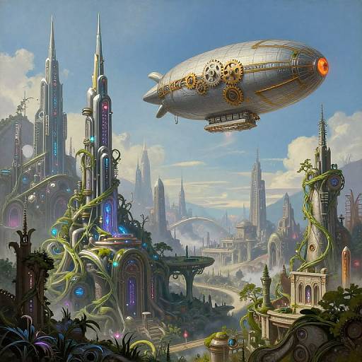 Steampunk cityscape with a floating airship, intricate clockwork designs, towering spires, and green vines entwining futuristic buildings under a