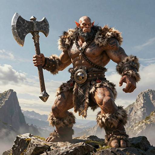 Digital art of a muscular, bald, orc warrior with red ears, fur loincloth, and arm bands, holding a large double-headed axe on