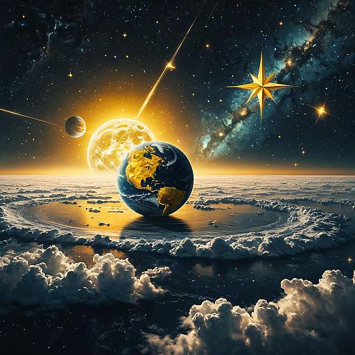 Marble-like Water Planet Orbiting Yellow Star