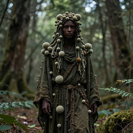 Photograph of a dark-skinned woman in a forest, wearing a mossy, earth-toned dress adorned with large, white, spherical adornments