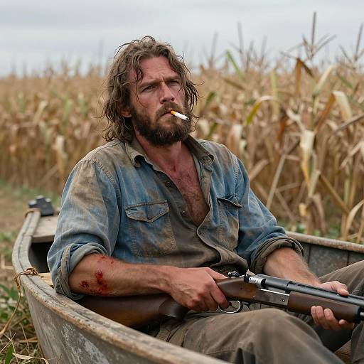 Rugged Man Smoking with Shotgun in Cornfield