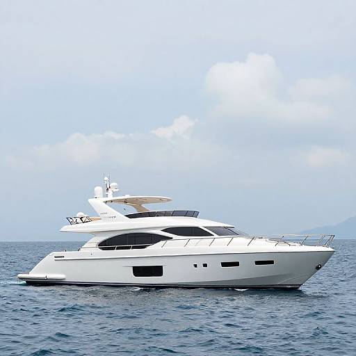 Photograph of a sleek, white luxury yacht with multiple decks, antennas, and dark-tinted windows cruising on calm, blue ocean waters under a