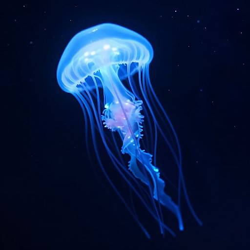 Photograph of a glowing blue jellyfish with translucent tentacles against a dark, star-speckled night sky, emphasizing its ethereal, lumines