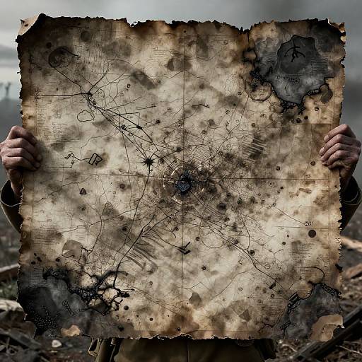 Photograph of an aged, weathered, map with black ink lines and brown stains, held by hands in a cloudy, rocky outdoor setting.