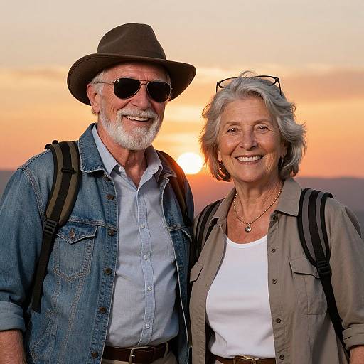 Joyful Elderly Travelers at Sunset